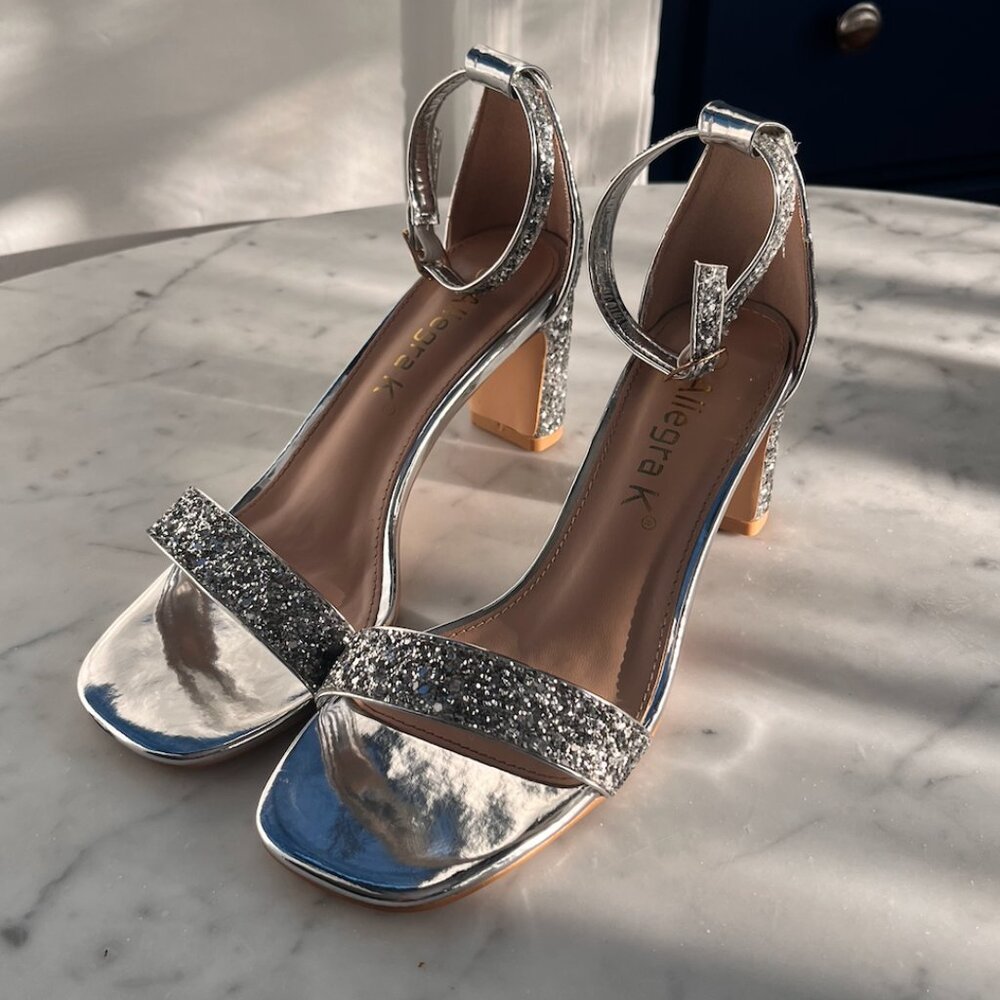 Allegra K Women's Glitter Ankle Strap Chunky Heeled Sandals
